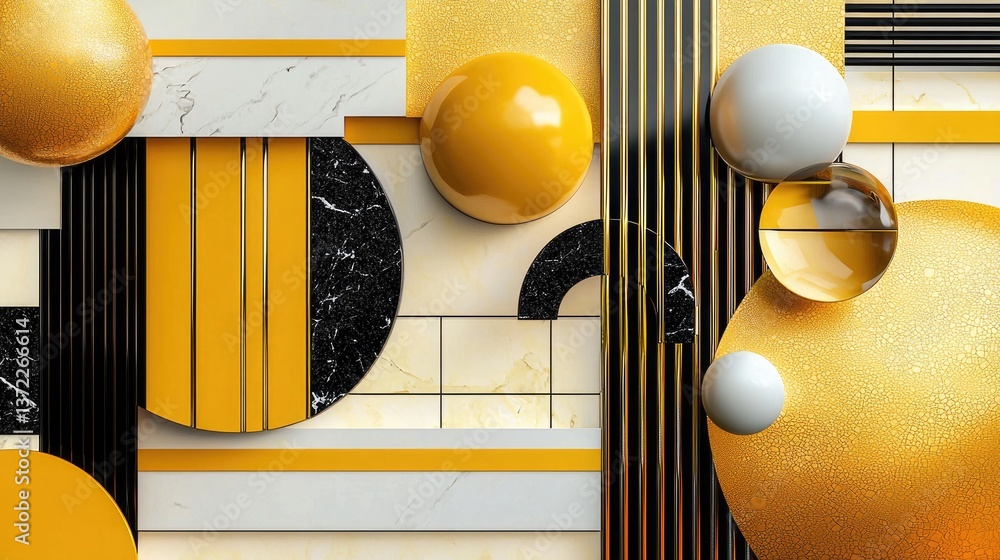 Poster sleek abstract yellow background featuring overlapping geometric layers, glossy squares, and a bold,