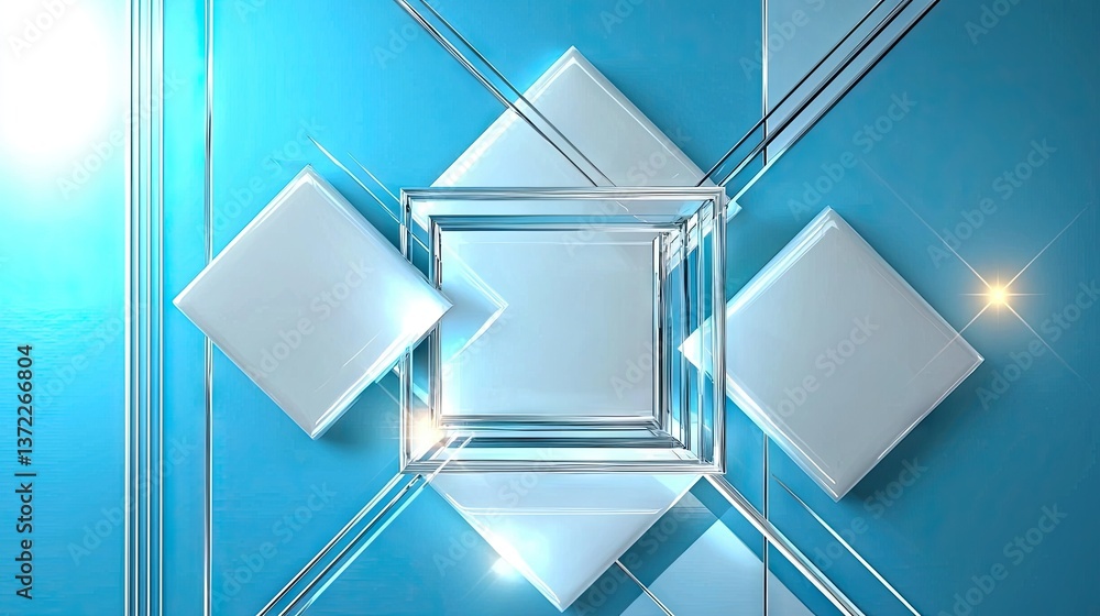 Poster sleek blue geometric abstract background with layered triangles, glossy white-grey squares, and a hi