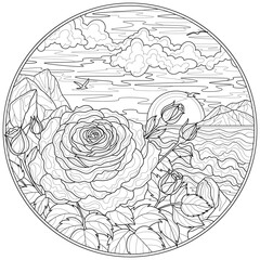 A rose by the sea in the frame. Landscape.Coloring book antistress for children and adults.