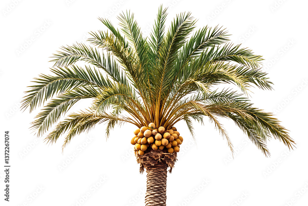 Poster a single date palm tree with ripe dates hanging from it against a black isolated background view sho