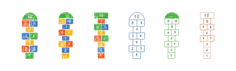 Hopscotch game child, fun outdoor activity for kids. Flat vector illustration isolated on white background. © Viktoria