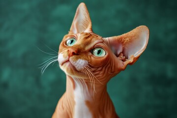 Sphynx cat with unique red curl hair and expressive green eyes, set against a textured green background, showcasing its distinctive features