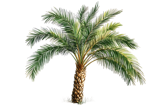A detailed illustration of a palm tree with green fronds against a black background with some grass