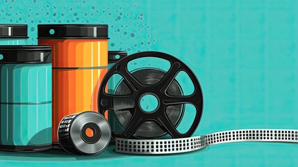 Vintage Film Reel and Colorful Film Canisters on Teal Background