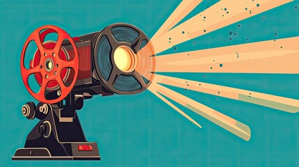 Vintage Film Projector with Bright Light Beam and Retro Background
