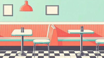 Modern Retro Diner Interior with Colorful Walls and Stylish Furniture