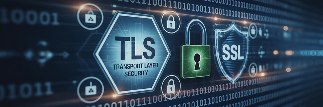 TLS concept, Transport Layer Security, 3D illustration, blurred background, internet encryption, secure communication, digital security, TLS protocol, SSL encryption, web security, data protection, 