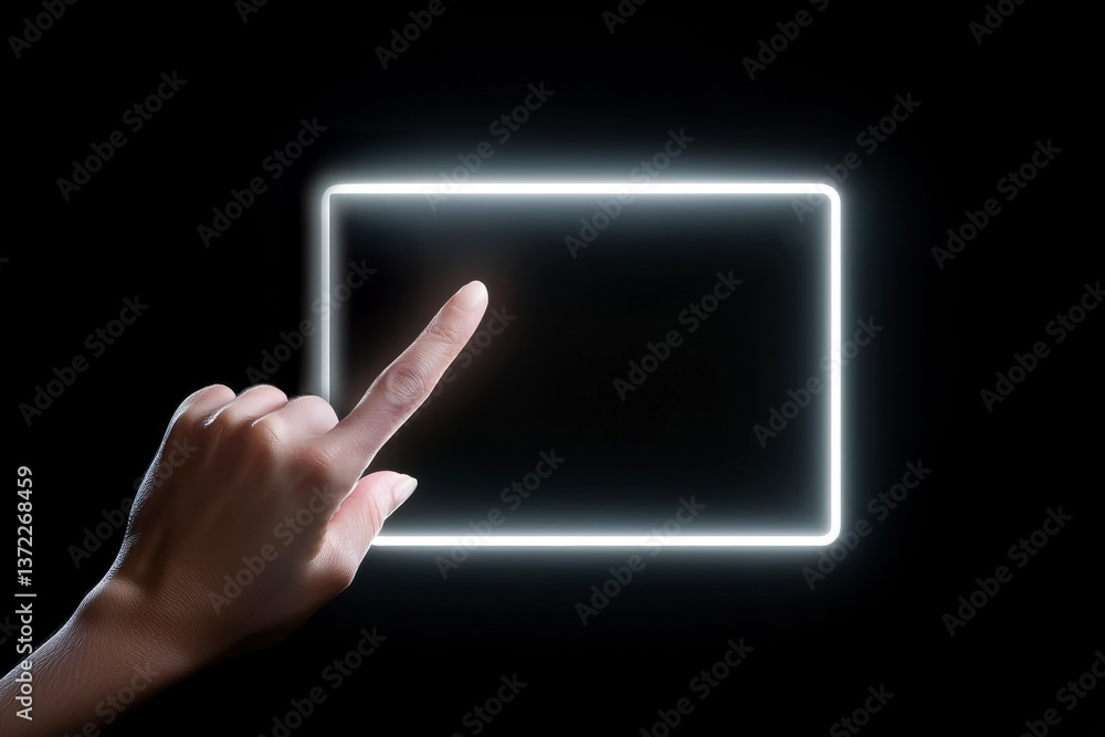 Poster a hand interacts with a glowing touchscreen interface in a dark environment.