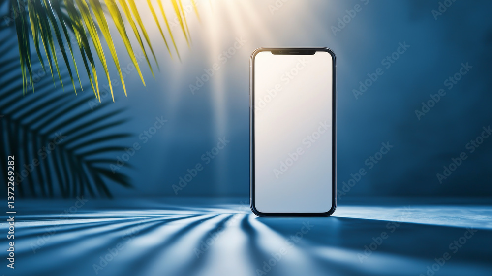 Poster a modern smartphone displayed in an ambient setting with soft lighting and shadows.