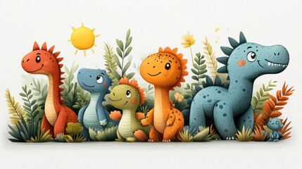Colorful dinosaur family in prehistoric jungle under sunny sky