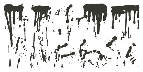 Ink silhouette paint liquid aerosol splotches. Vector spray splashes and drops set. Grunge graffiti art melting splats sprayed. Urban street dirty stencil on wall. Graphic messy spots isolated. © Syuzann q