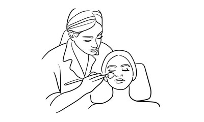 Girl cosmetologist doing a procedure to a client, continious line drawing. Care procedures, cosmetics, beauty salon outline. Vector illustration