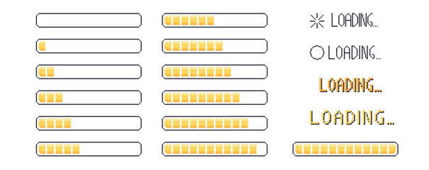 Pixel art loading bar interface. 8 bit game progress button elements set and text. Waiting signs in retro 80s style. Vector illustration isolated on white background.