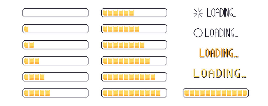 Pixel art loading bar interface. 8 bit game progress button elements set and text. Waiting signs in retro 80s style. Vector illustration isolated on white background.