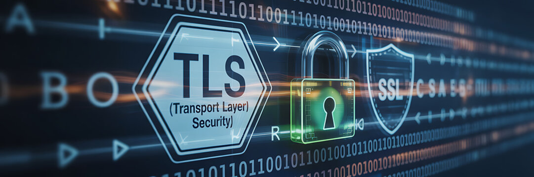 TLS concept, Transport Layer Security, 3D illustration, blurred background, internet encryption, secure communication, digital security, TLS protocol, SSL encryption, web security, data protection, 