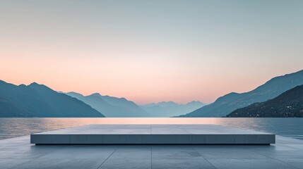 A minimalist and serene composition depicting a vast open concrete platform in the foreground, characterized by smooth, clean lines and subtle textures. 