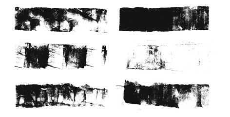 Obraz premium Straight wide grunge lines. Linocut rolled brush stroke set. Handmade ink rectangle rough stamps. Vector black paint underlines shapes. Dry marker or brayer smear textures. Distressed figures.