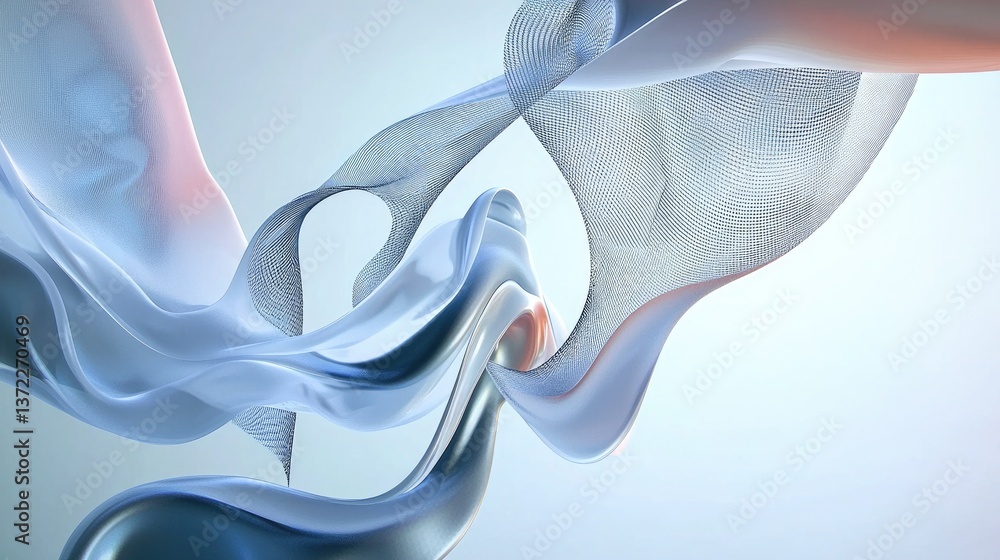 Poster white abstract background featuring a fluid wave structure, fine geometric lines, and dynamic connec