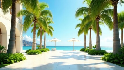 Obraz premium Serene Coastal Escape Palm-Lined Pathway to Tranquil Ocean View with Relaxing Beachside Loungers