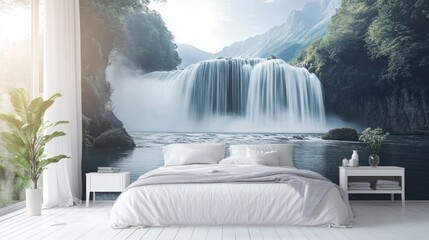 Waterfall in a bedroom; serene nature scene; peaceful interior; wall decor; home decor