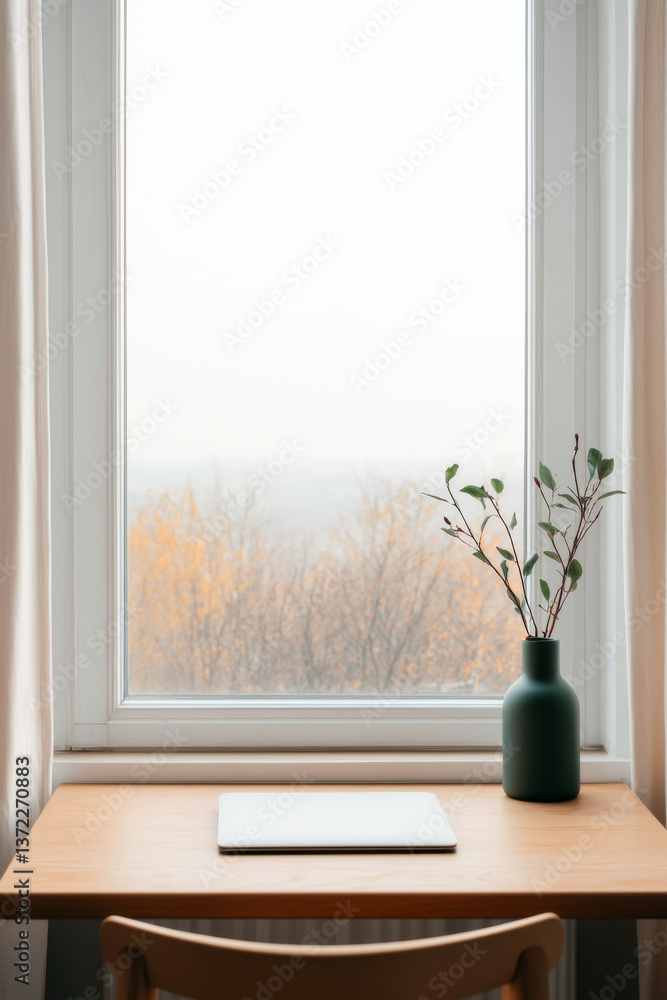 Poster a serene workspace by a window, featuring a vase with a plant and a notepad.