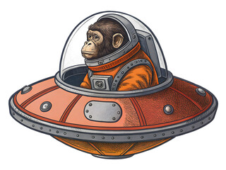 Astronaut Monkey in Spaceship Vintage Style : An illustration of a chimpanzee in an orange space suit, piloting a retro-styled spaceship, set against an imagined celestial backdrop.