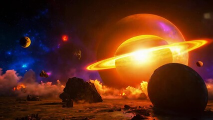 Glowing ringed planet dominates alien sky as colorful nebulae and distant worlds light up a rocky, otherworldly terrain

 - Powered by Adobe