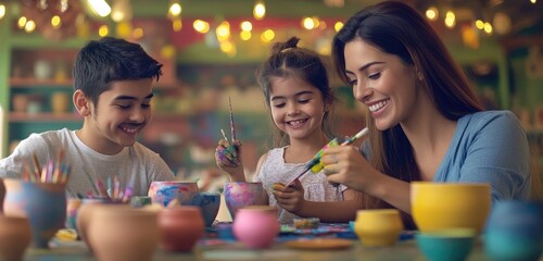 A family painting their own pottery together at an arts-and-crafts studio, smiles all around as they create colorful, unique designs and share loving glances.