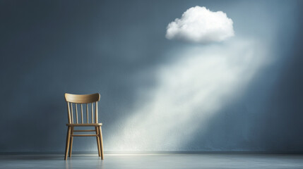 A solitary wooden chair under a cloud with light illuminating the space.