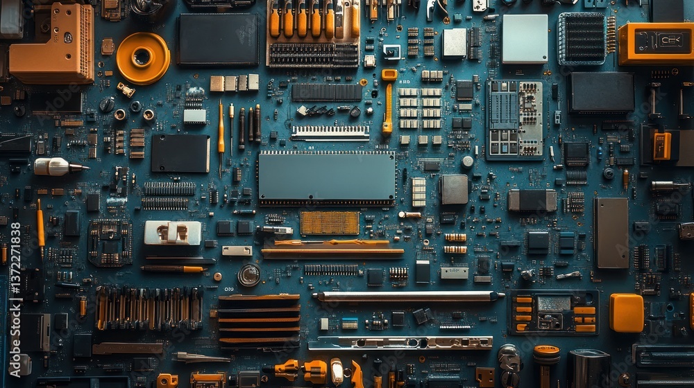 Poster a deep dive into electronics: a colorful collage of circuit boards and components