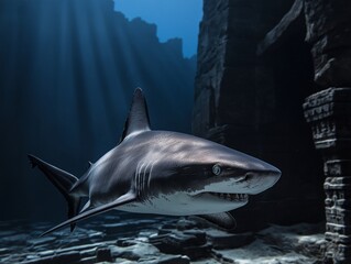 Fototapeta premium Shark amidst ancient ruins: an underwater realm of mystery and awe.