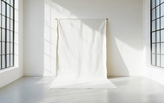 White Textured Fabric in Minimalist Room with Sunlight
