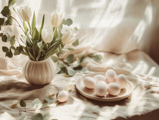Organic table setup with ivory eggs, eucalyptus sprigs, and handmade linen. A calm, artistic scene styled for springtime elegance and rustic charm.