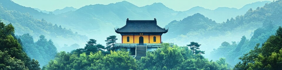 Fototapeta premium A serene Chinese mountain landscape with a focus on traditional architecture and natural beauty. 