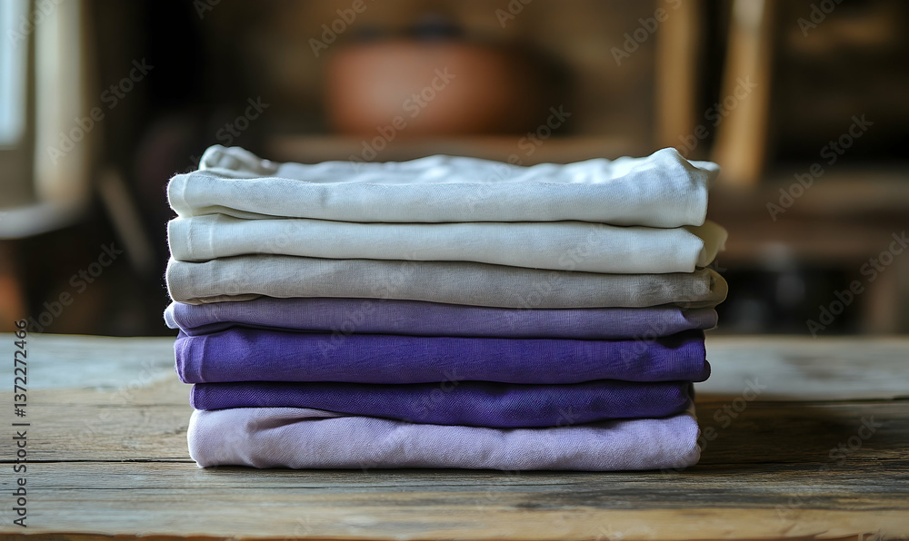 Poster stacked soft fabrics in various colors on a rustic wooden table, with a cozy background setting