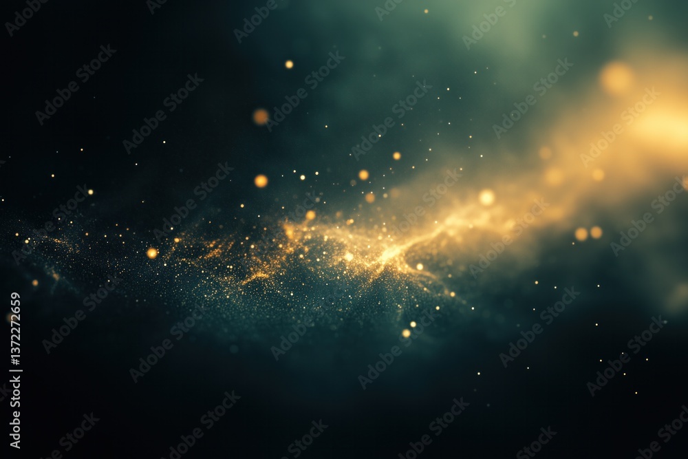 Poster golden particles flowing through dark space creating abstract background
