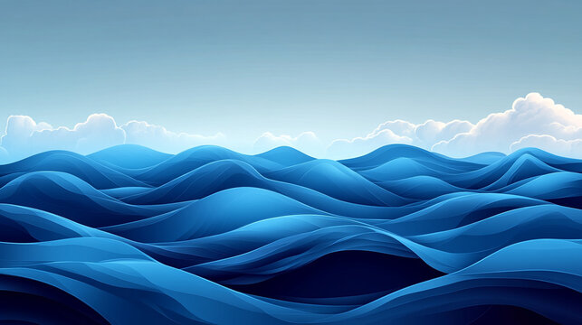 A serene blue landscape with rolling hills under a light blue sky with fluffy white clouds above them.