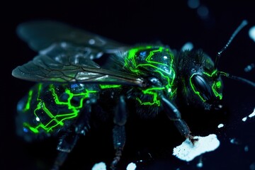 Neon Green Bioluminescent Insect Close-Up on Black Background, Captivating Details.