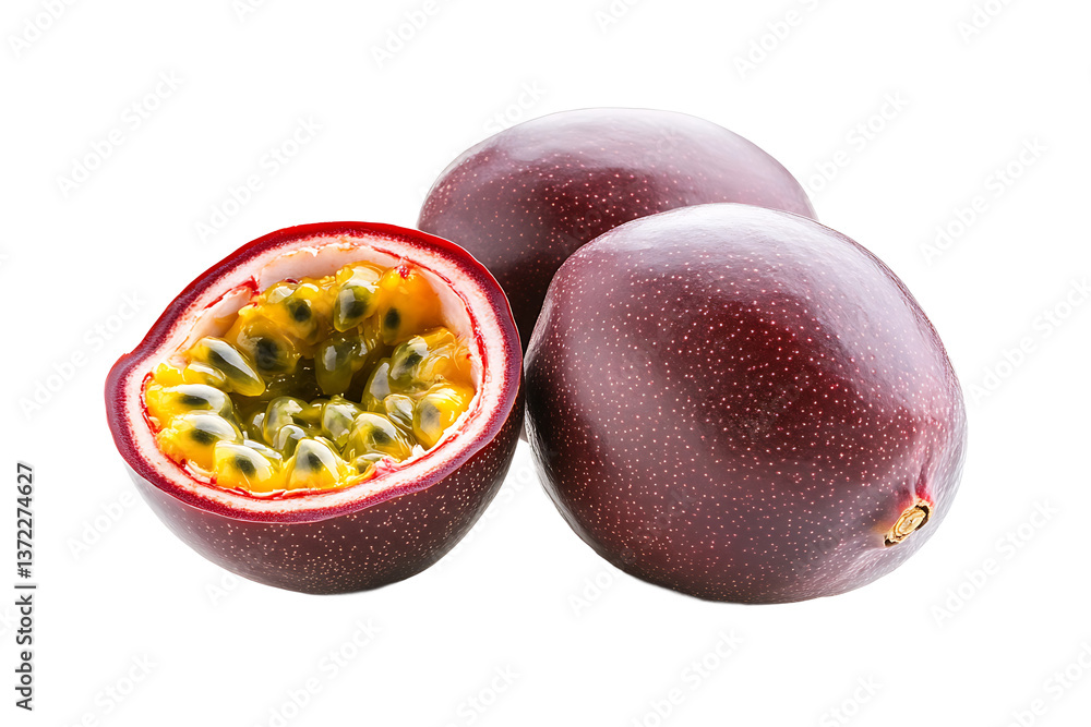 Poster a close up view of three passion fruits with one cut open showing the pulp and seeds inside it all o