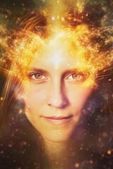 Enigmatic Woman with Cosmic Light Energy and Ethereal Effects.