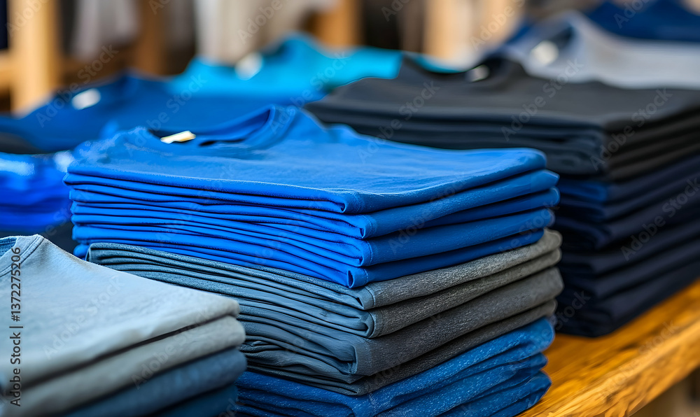 Poster stacks of neatly folded blue and gray t-shirts displayed in a retail store, inviting customers to br
