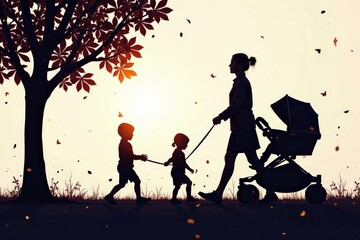 Obraz premium Abstract stroller silhouettes, geometric shapes, monochrome, texture, design