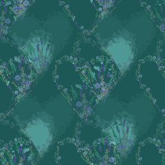 Romantic seamless pattern with scanned pressed dry wild flowers. Herbal hearts with colorful wild dianthus, salvia, lavender, geranium and other flowers on transformative teal background.