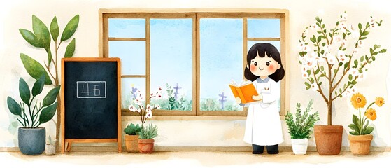 Teacher explaining concepts to students in a classroom watercolor illustration bright and cheerful environment