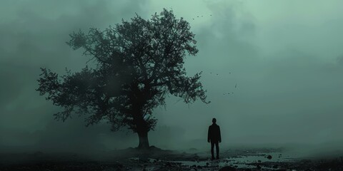 A solitary figure, consumed by sadness, navigates through darkness