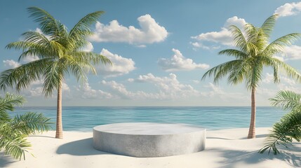 A podium set on a sandy beach with palm trees swaying in the breeze