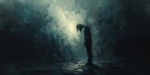 Fototapeta premium A solitary figure, consumed by sadness, navigates through darkness
