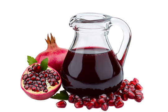 A glass pitcher filled with pomegranate juice beside whole and halved pomegranates and loose seeds