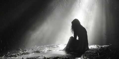 Obraz premium The agony of depression weighs heavily on a lone individual in darkness