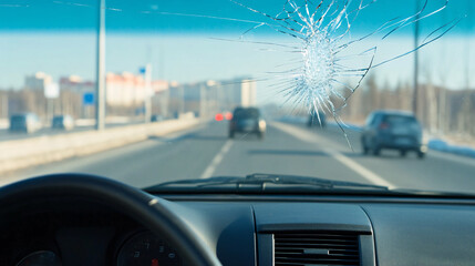 Car windshield with cracked glass from interior view on highway in bright daylight, realistic driving safety concept for insurance or road hazard visuals